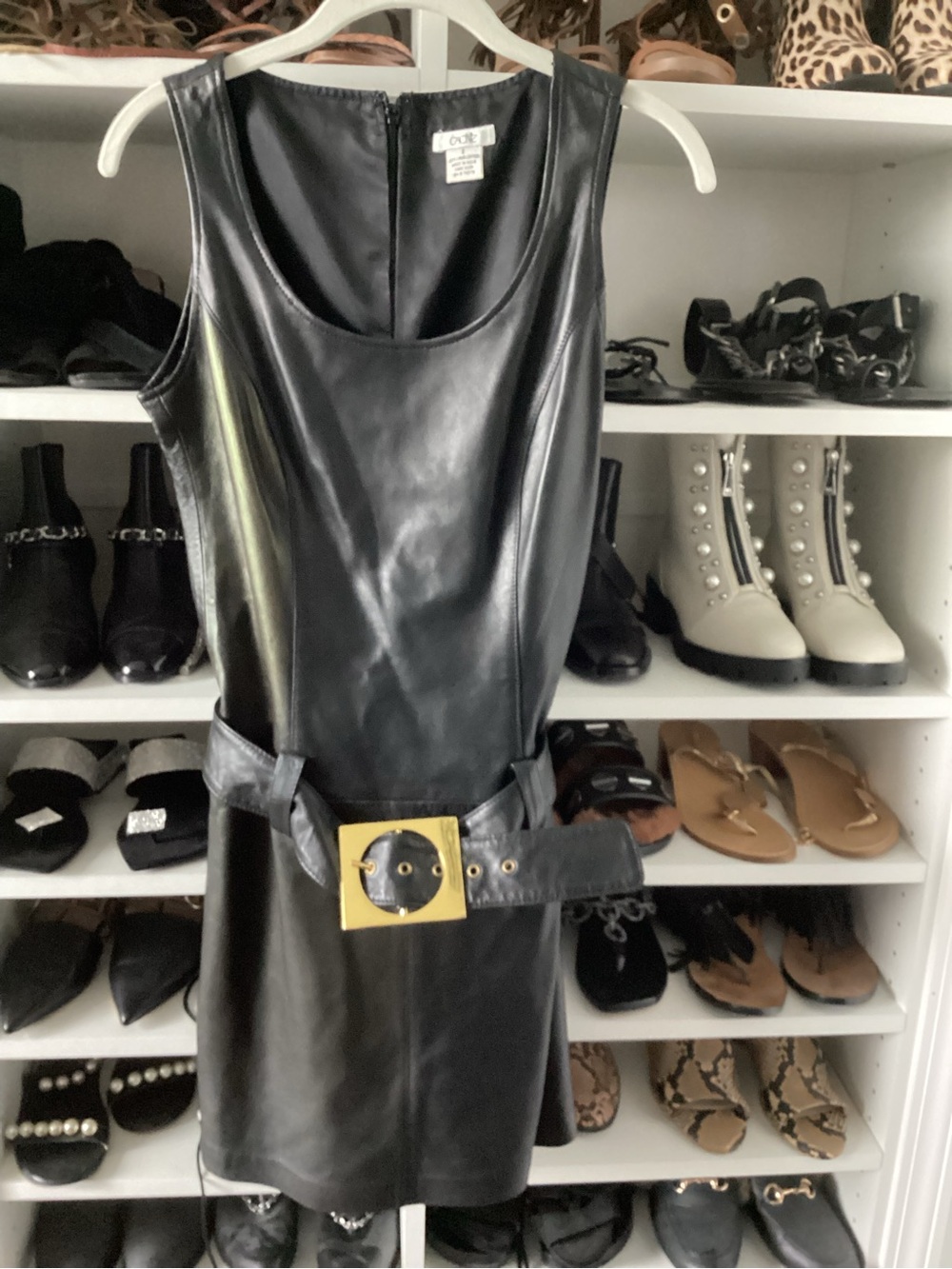 Cache Black Faux Leather Mini Dress with Gold Buckle Belt